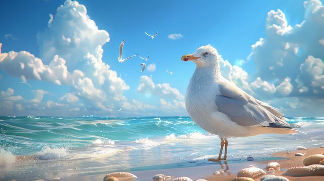 On the coast of a white sandy beach, a seagull is flying in the air