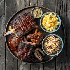 Grilled or smoked ribs and chicken with barbeque sauce, mas and cheese and cole slaw