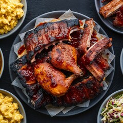 Grilled or smoked ribs and chicken with barbeque sauce, mas and cheese and cole slaw