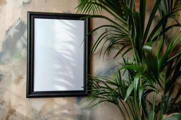 One empty frame hanging on a wall next to a plant, thick black frame, square, mockup