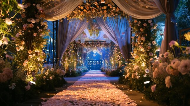 artificial intelligence generated image of a wedding venue with dreamy, beautiful flowers and lights