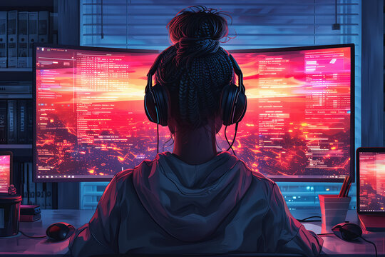 Illustration of a nerdy girl in front of her workstation