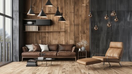 Fototapeta na wymiar Elegant Minimalist Living Space with Leather Recliner and Pendant Lights