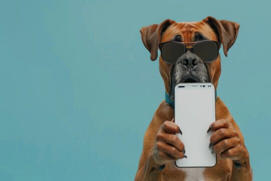 Shocked dog in sunglasses holding smartphone with white mockup screen on solid color background