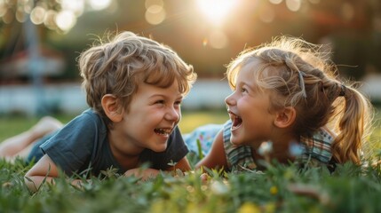 Two young siblings, a boy and a girl, are lying down on the grass with their mouths open. They appear to be laughing or talking joyfully as they enjoy the outdoors. - obrazy, fototapety, plakaty