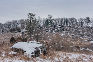 The View of Little Round Top from the Valley of Death on a Snowy Day, Gettysburg PA USA