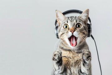 surprised cat phone operator in headset, Customer support. Consulting and assistance service call center - obrazy, fototapety, plakaty