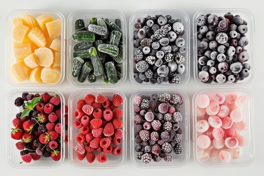 Top view frozen vegetables and berries in plastic containers
