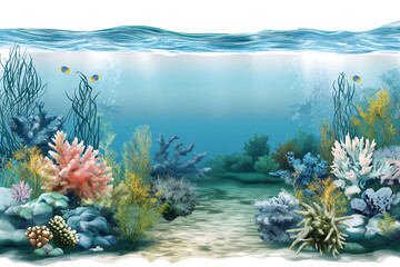 Fototapeta na wymiar blue water with corals and seaweed isolated on a transparent background