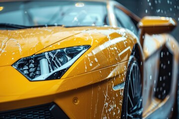 luxury sports car wash with fresh water drops - obrazy, fototapety, plakaty