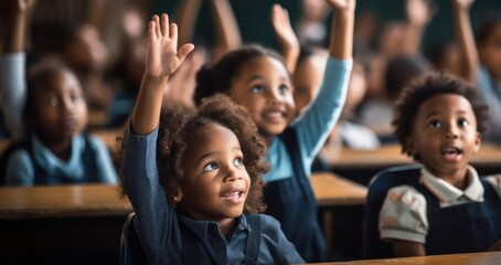 Black Children in Classroom Raising Hands Generative AI