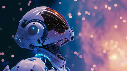 A close-up of a robot's head with a detailed view of futuristic design and advanced technology against an abstract background