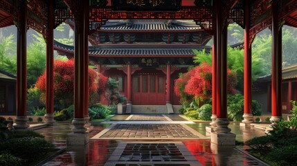 a building with red pillars and red flowers