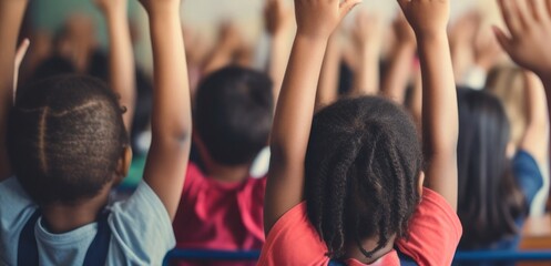 Black Group of Children Raising Hands in Educational Classroom Generative AI