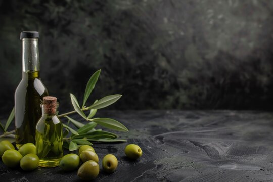 Fresh bio olive oil in glass bottle with ripe olives, healthy food farm dark background