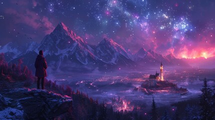 a castle in a valley with mountains and stars