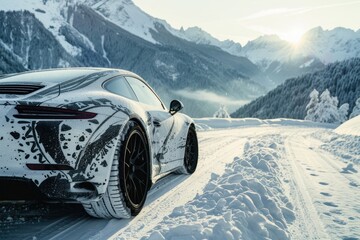Luxury winter sports car tires near snowy road - obrazy, fototapety, plakaty