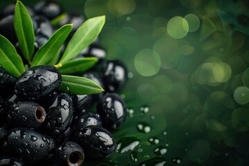 Many fresh and ripe black olives with leaves and detailed water drops on solid dark green - obrazy, fototapety, plakaty