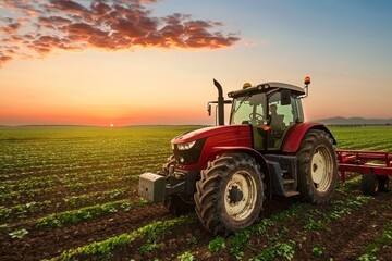 Modern tractor standing in the field with sunset light.