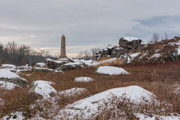 A Snowy Winter Sunset at Devils Den, Gettysburg Pennsylvania USA