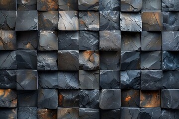 A 3D render depicting a rugged surface of dark, fractured stone tiles with subtle orange accents