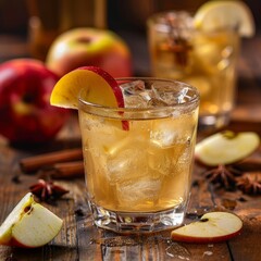 a glass of apple cider with ice and fruit slices