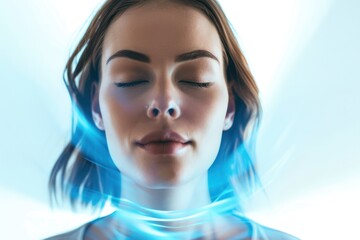 Portrait of a woman with his eyes closed and the glowing blue energy that passes through his body, mental health