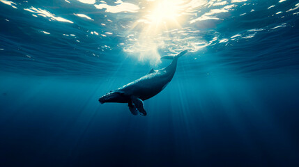 A whale swimming from the deep sea to the surface, under the underwater light rays of the sun