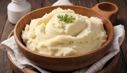 Mashed potatoes in a big wooden bowl