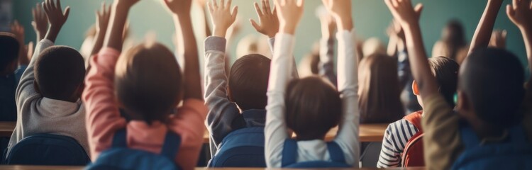 Group of Children Raising Hands in Classroom Generative AI - obrazy, fototapety, plakaty