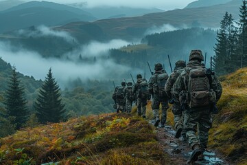 A candid moment capturing military personnel trekking through mist-covered forested hills on a murky day