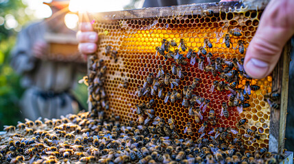 Beekeeper at work in apiary, honeybees on frames in summer sunshine - obrazy, fototapety, plakaty