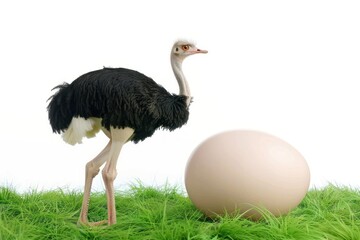 An ostrich stands near a large egg on the grass on a white background