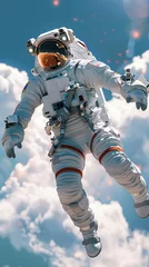 Tuinposter An astronaut hovers in space weightlessness against background of blue sky. A horizontal frame. The concept of exploring intergalactic space © ximich_natali