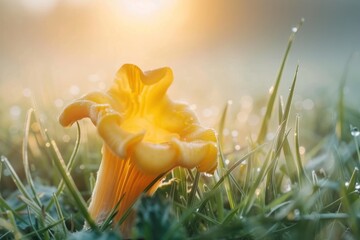 a close up of a Chanterelle Mushroom in a field of grass, morning sun light with fog - obrazy, fototapety, plakaty