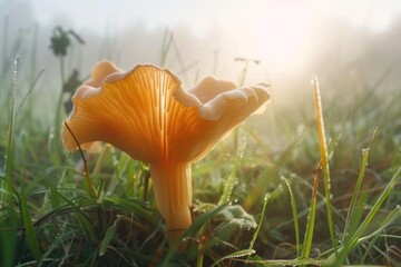 a close up of a Chanterelle Mushroom in a field of grass, morning sun light with fog - obrazy, fototapety, plakaty