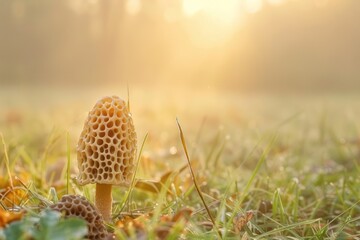 a close up of a Morel Mushroom in a field of grass, morning sun light with fog - obrazy, fototapety, plakaty