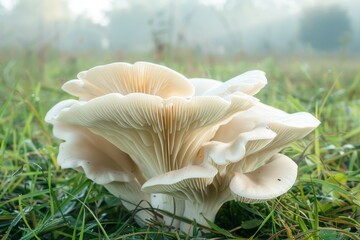 a close up of a Oyster Mushroom in a field of grass, morning sun light with fog