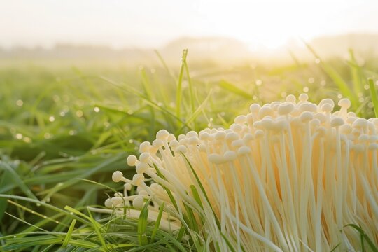 a close up of a Enoki Mushroom in a field of grass, morning sun light with fog