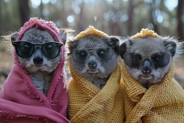 A serene image of two lemurs snugly wrapped in vibrant scarves with a soft-focus forest background