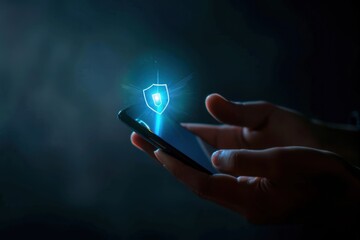 A shield symbol glowing on a smartphone in hand dark technology background