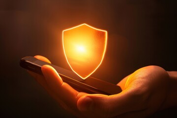 A shield symbol glowing on a smartphone in hand dark technology background