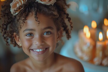 A touching portrait of a curly-haired young girl with a flower headpiece, radiating joy and innocence
