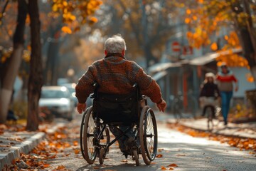 The back view of an elderly person in a wheelchair captures a touching, contemplative moment on an autumn day