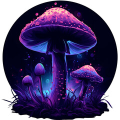 Colorful neon magic mushroom glow in the dark. Psychedelic illustration. Vibrant color gradients. Png clipart. Print desig