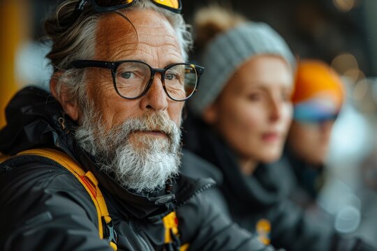 A contemplative image of an older man wearing yellow-framed glasses and outdoor gear, reflecting experience and wisdom