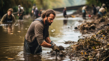 Environmental Volunteers Clean Up River. - obrazy, fototapety, plakaty