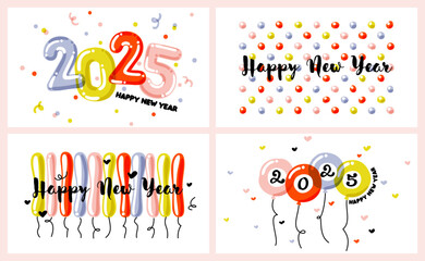New Year greeting card with multicolored balloons and hand drawn numbers 2025 on white background. Bright and festive vector illustration for holiday calendar or seasonal brochure cover