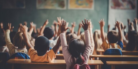 Diverse Children Raising Hands in Classroom Generative AI - obrazy, fototapety, plakaty