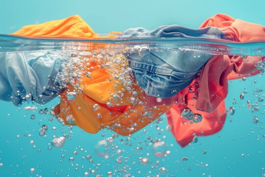 Washing machine with clothes underwater with bubbles and wet splashes